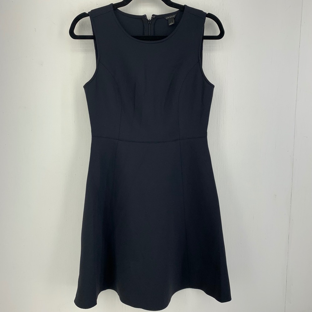 Ann Taylor Womens 4 Black Blue Sleeveless Fit & Flare Ponte Dress Dark Academia